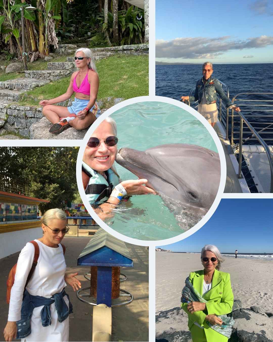 Frau mit Delfin und Naturaufnahmen
