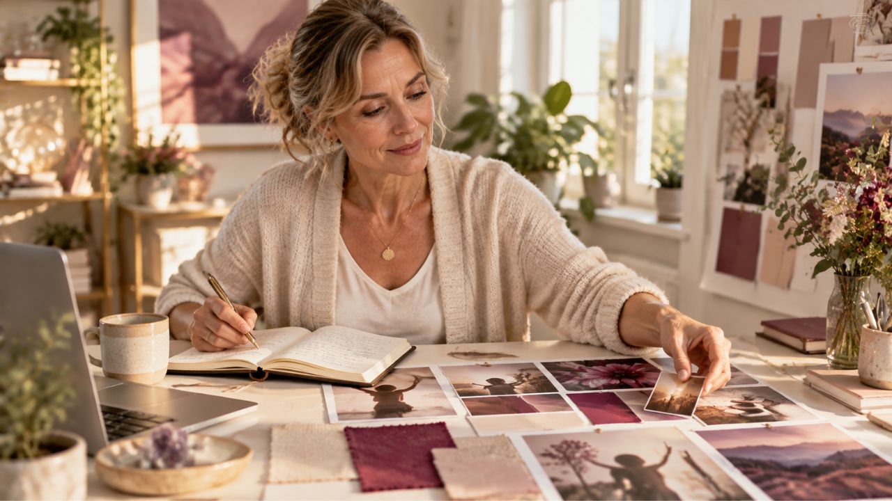 Frau erstellt Vision Board mit Bildern-Marketingpsychologie für Coaches